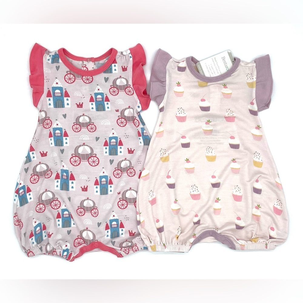 NWT Bestaroo Flutter Sleeve Bubble Romper Bundle Castle & Cupcakes in Pink 3-6M